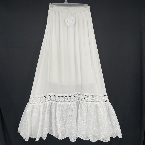 SHEIN Women White‎ Long Maxi Pull On Skirt Size Small 4 Eyelet Hem Elastic Waist - Picture 1 of 10